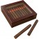 A  portable humidor in cherry finish and glass top closed showing ten cigars inside