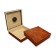Two portable humidors in burl finish one is closed the other one is open showing the humidifier