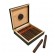 A portable humidor in black finish open showing the humidifier and ten cigars