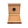 A portable humidor in burl finish open showing the humidifier