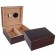 Two small-sized humidors in rich cherry finish, one is open displaying the hygrometer and the adjustable divider,  the other one is closed.