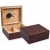 Two small humidors with dark walnut exterior, one is open showing the humidifier, hygrometer and adjustable divider, the other one is closed