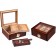 Two rosewood glass top humidors with adjustable divider and ashtray with a cigar on top 