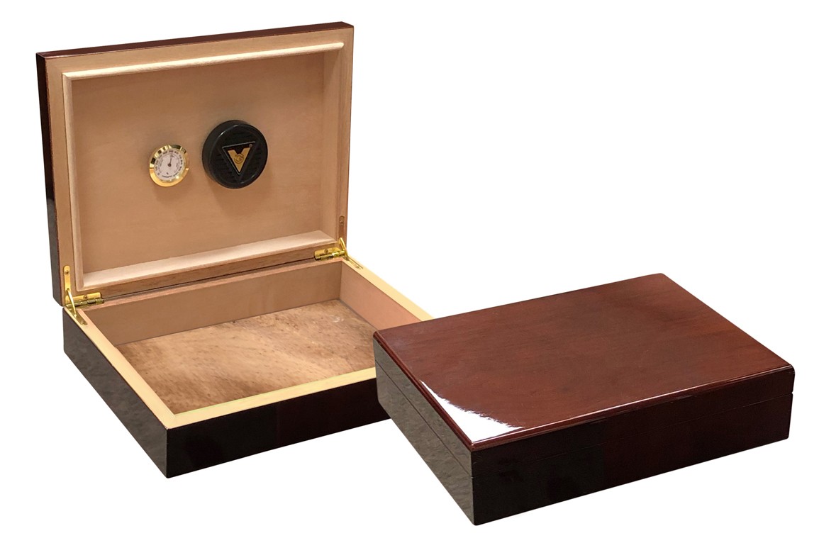 Two humidors with dark mahogany wood exterior, one is open showing the humidifier and hygrometer the other one is closed