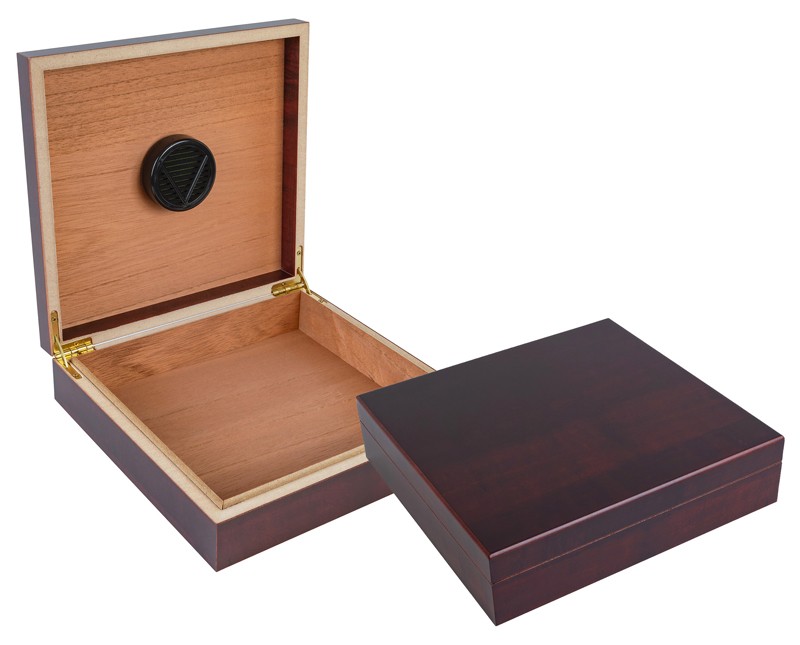 Two portable humidors in cherry finish one is closed the other one is open showing the humidifier