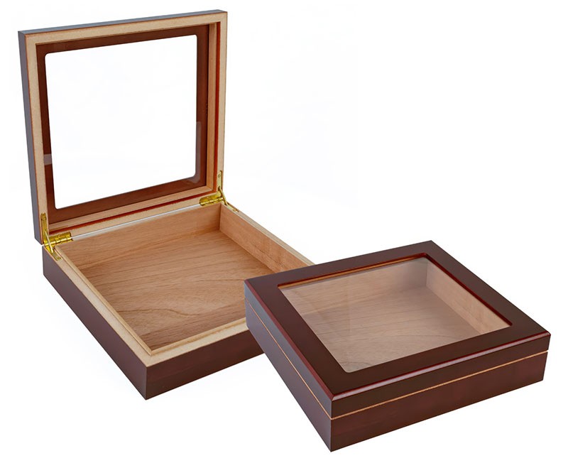 Two portable humidors in cherry finish and glass top one is open and the other one is closed