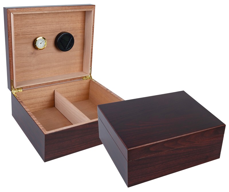 Two small-sized humidors in rich cherry finish, one is open displaying the hygrometer and the adjustable divider,  the other one is closed.