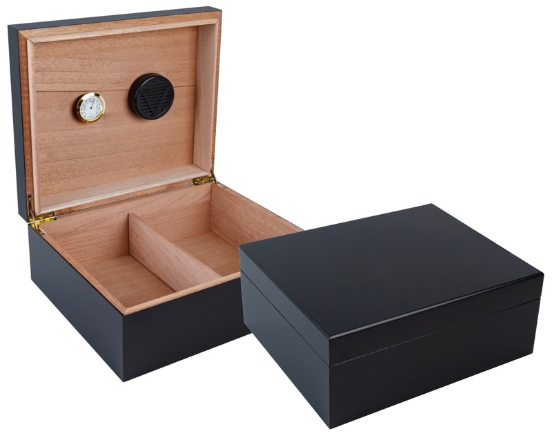 Two small-sized humidors in black finish, one is open displaying the hygrometer and the adjustable divider, and the other one is closed 
