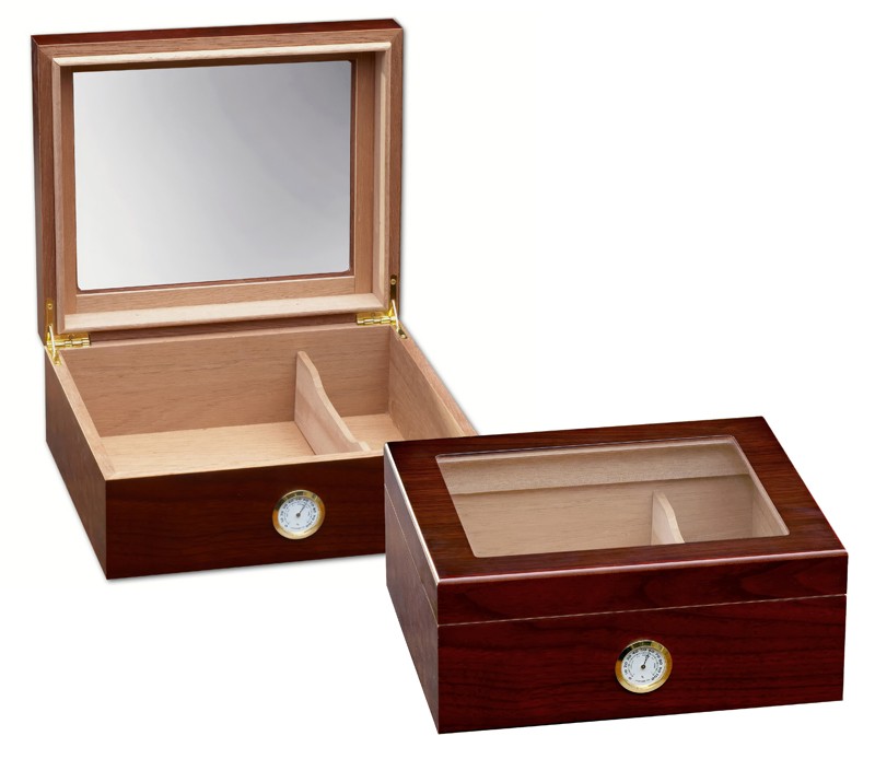 Two small and elegant glass humidors in cherry finish with see through glass on top and an external hygrometer, one humidor is closed and the other one is open