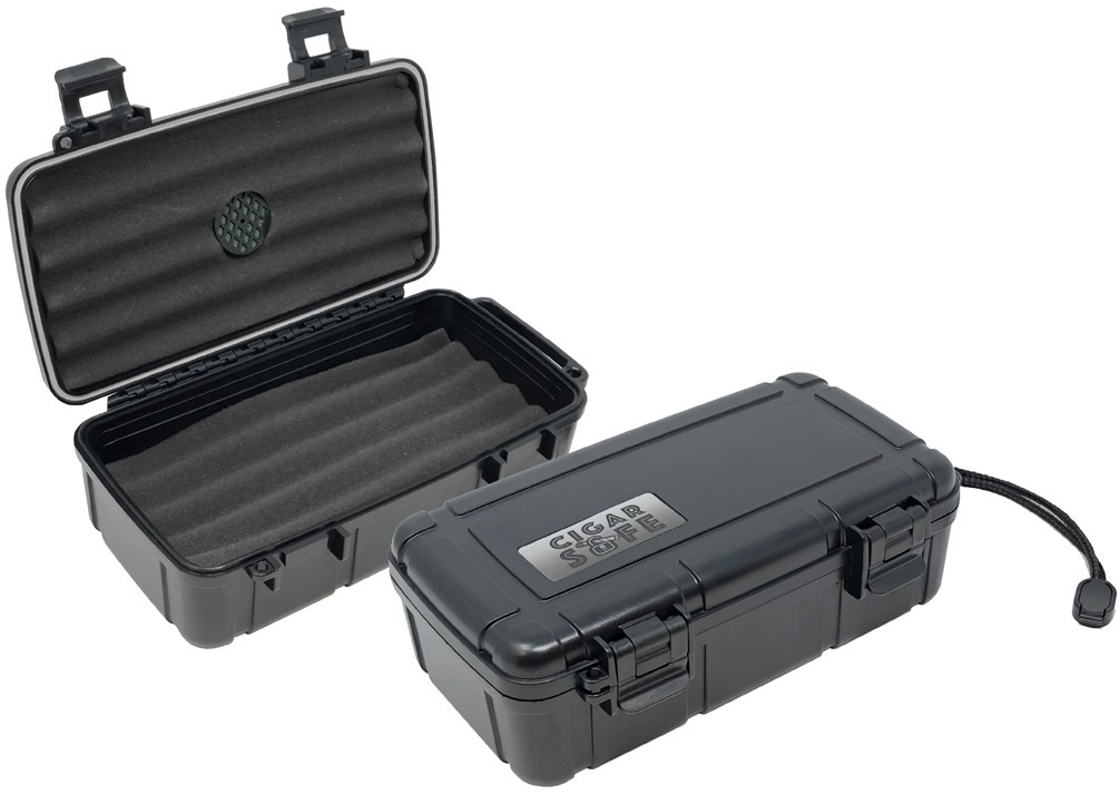 Two travel cigar humidors with two foam beds for five cigars each, hard ABS exterior, carrying handle and snap-tight locking clips