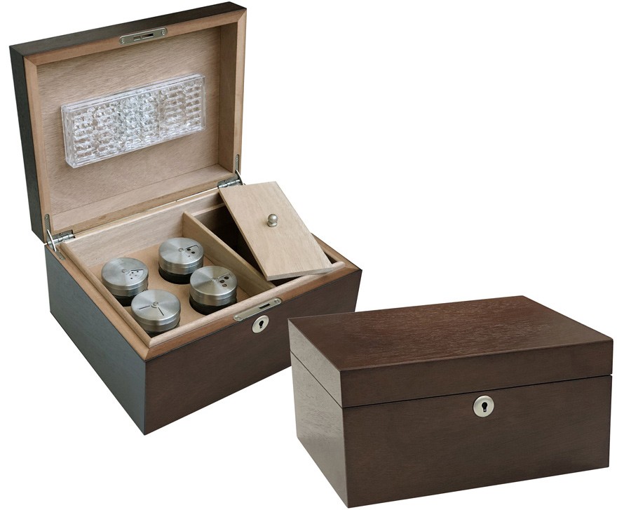 Two cannabis humidors with mahogany exterior, one is open showing four glass jars with adjustable ventilated tops, the other one is closed