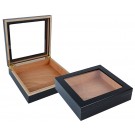 Two portable humidors in black finish and glass top one is open and the other one is closed