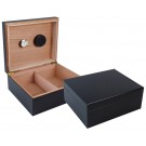 Two small-sized humidors in black finish, one is open displaying the hygrometer and the adjustable divider, and the other one is closed 