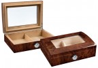 Two humidors with high gloss walnut burl wood finish and dome-shaped lid decked with beveled glass and external silver hygrometer 
