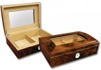 Two humidors with high gloss walnut burl wood finish and dome-shaped lid decked with beveled glass and external silver hygrometer 