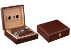 Two humidors with brown alligator pattern one is open showing a leather cigar humi-tube and a leather cigar case the other one is closed