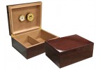 Two humidors with dark mahogany wood exterior and lacquer finish one is open showing adjustable divider,gold humidifier and gold hygrometer