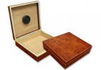 Two portable humidors in burl finish one is closed the other one is open showing the humidifier