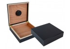 Two portable humidors in black finish one is closed the other one is open showing the humidifier