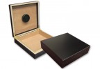 Two portable humidors in black finish one is closed the other one is open showing the humidifier