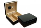 Two small-sized humidors in black finish, one is open displaying the hygrometer and the adjustable divider, and the other one is closed 