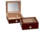 Two small and elegant glass humidors in cherry finish with see through glass on top and an external hygrometer, one humidor is closed and the other one is open
