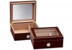 Two small and elegant glass humidors in cherry finish with see through glass on top and an external hygrometer, one humidor is closed and the other one is open