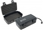Two travel cigar humidors with two foam beds for five cigars each, hard ABS exterior, carrying handle and snap-tight locking clips