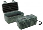 Two travel cigar humidors with three bed for five cigars, camouflage exterior, carrying handle and snap-tight locking clips