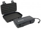 Two travel cigar humidors with bed for five cigars, hard ABS exterior, carrying handle and snap-tight locking clips