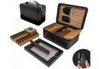 Two travel humidors in black leather one is open showing four cigars, a guillotine cigar cutter and a flip-top lighter the other is closed