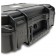 Close-up of the two snap-tight locking clips of black travel cigar humidor 