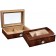 Two humidors with high gloss walnut burl wood finish and dome-shaped lid decked with beveled glass and external silver hygrometer 