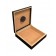A portable humidor in burl finish open showing the humidifier