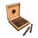 A portable humidor in burl finish open showing the humidifier and ten cigars