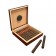 A portable humidor in cherry finish open showing the humidifier and ten cigars