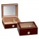 Two small and elegant glass humidors in cherry finish with see through glass on top and an external hygrometer, one humidor is closed and the other one is open