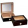Two small and elegant glass humidors in black with see through glass on top and an external hygrometer, one humidor is closed and the other one is open