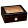 A small and elegant glass humidor in black finish with see through glass on top and an external hygrometer