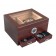 Glass top humidor in cherry finish with an external hygrometer and two drawers open showing accessories inside