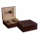 Two small humidors with dark walnut exterior, one is open showing the humidifier, hygrometer and adjustable divider, the other one is closed