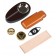 A hygrometer, a humidifier, a double-blade guillotine cutter, a two-finger leather cigar case and a solid wood ashtray 