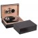 Two ebony wood humidors, one is open showing a humidifier, cigar scissors, ashtray, hygrometer and black leather cigar case.