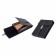 Two small black leather humidors with a black leather strap and a magnetic latch, one is open showing the interior the other one is closed.