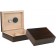Two ebony wood humidors one is open showing the humidifier, hygrometer and adjustable divider, the other one is closed