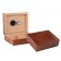 Two Makore Pommel wood humidors one is open showing the humidifier, hygrometer and adjustable divider, the other one is closed