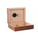 An open Makore Pommel wood humidor showing the humidifier, hygrometer and adjustable divider