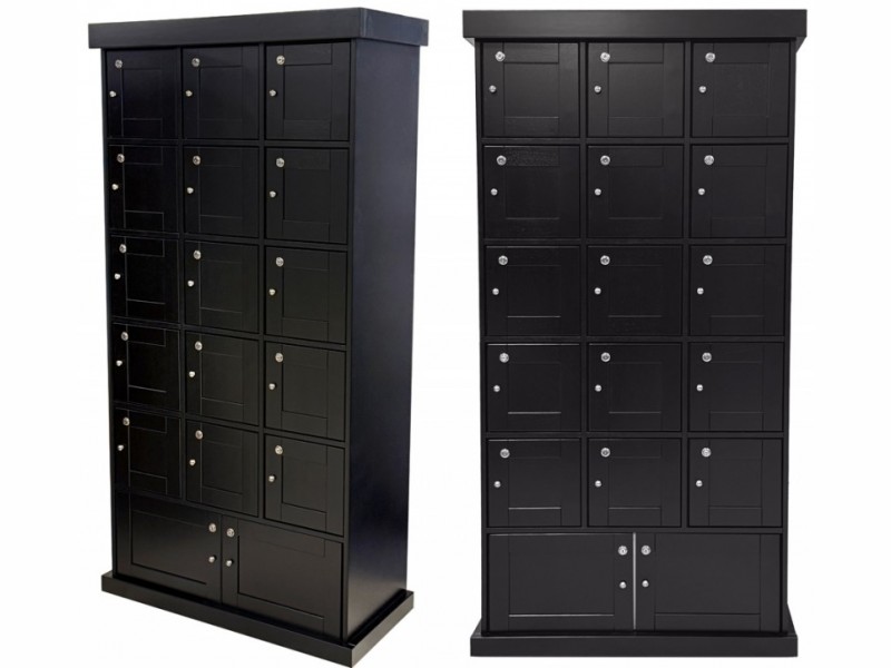 tobacco locker Cigar Bar, 17506 Brighton Ave, Unit E, Port Charlotte, FL 33954, US including 15 upper compartments and two larger storage sections at the base for oversized boxes or additional inventory TOBACCO LOCKER CIGAR BAR -