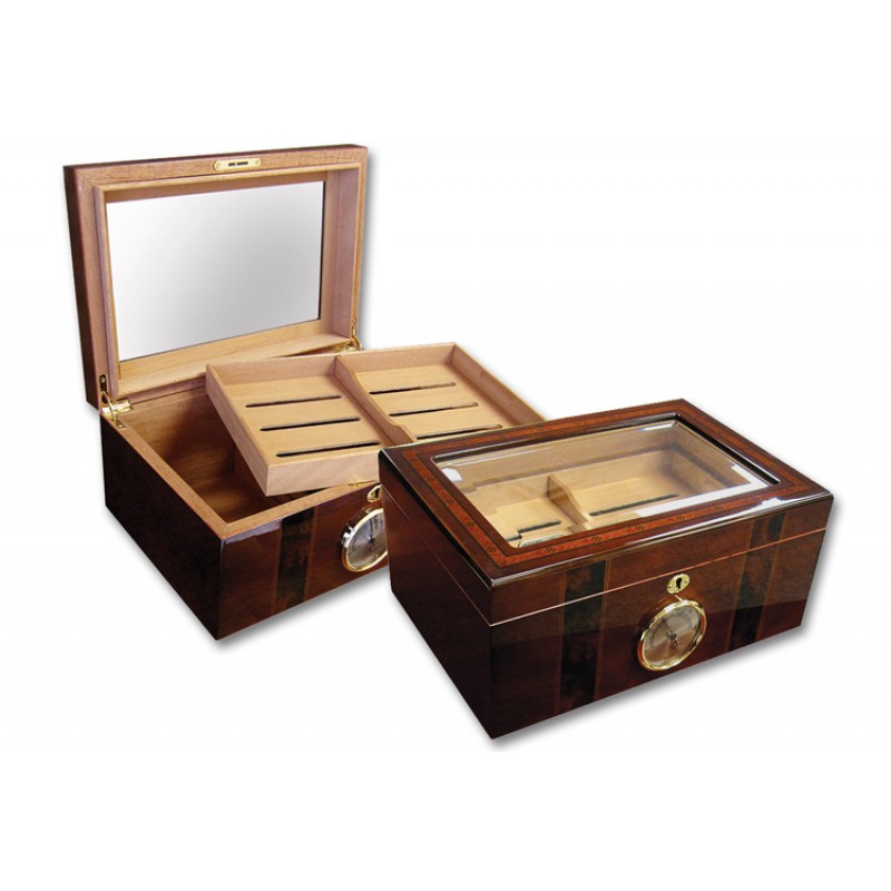 25-50 Cigars Holds Primera Glass Top Humidor Glossy White & Black Piano Finish with Front Digital Hygrometer by Klaro