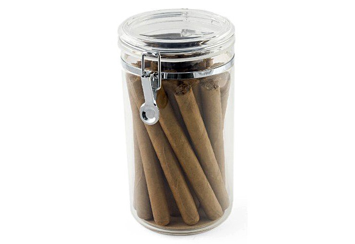 A humidified cigar jar humidor with cigars inside